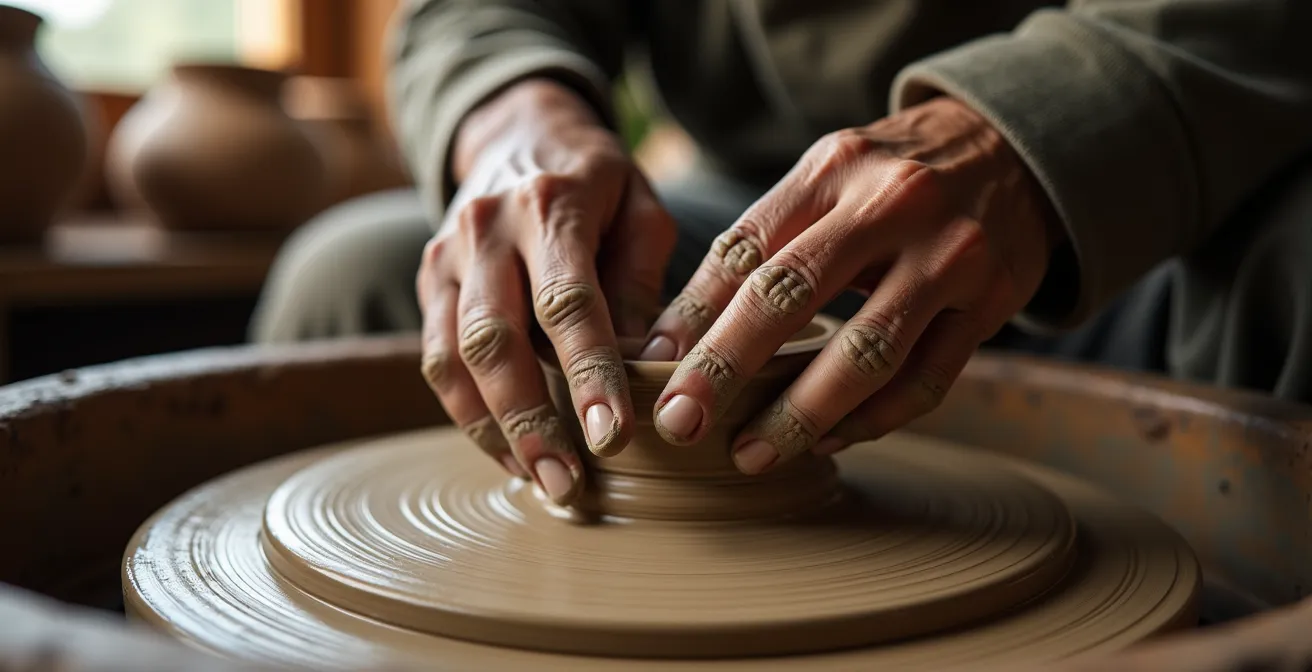 Mains d'un potier grec façonnant une amphore selon les techniques antiques
