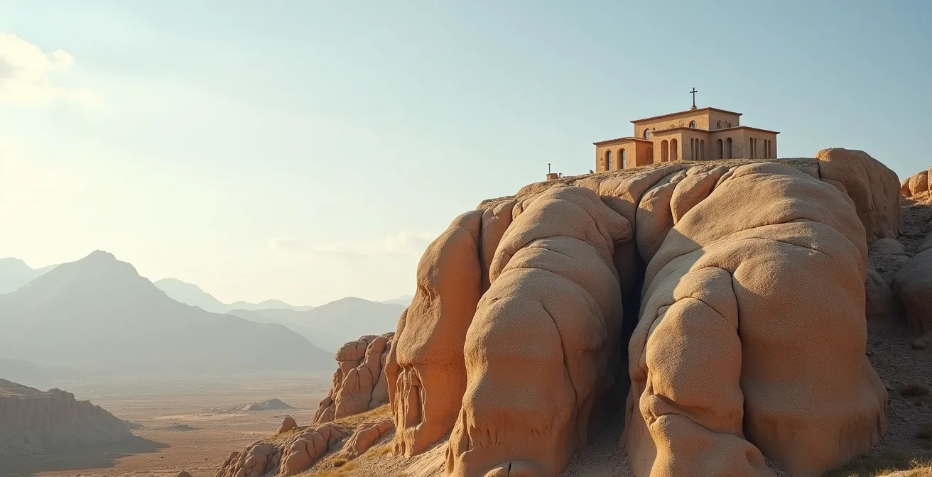 Monastères byzantins des Météores perchés sur des pitons rocheux préhistoriques sous un ciel dramatique