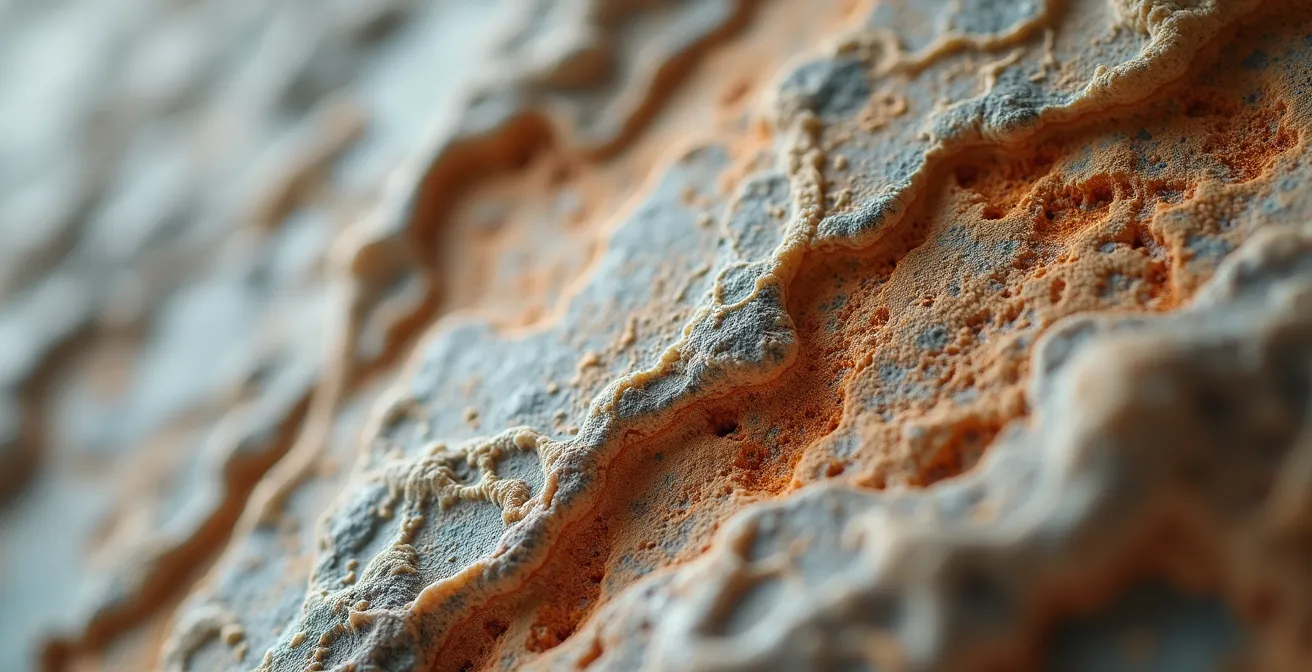 Détail macro du marbre patiné du Parthénon révélant les veines et l'usure millénaire