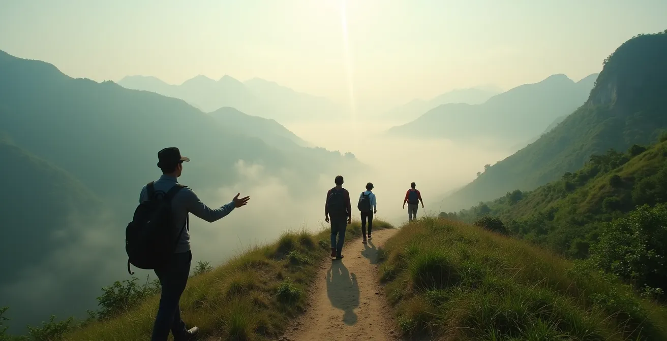 Guide vietnamien en interaction spontanée avec des voyageurs dans un cadre naturel