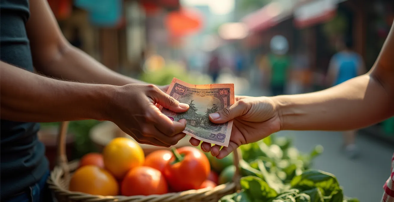 Marché local vietnamien avec échanges économiques directs entre habitants et voyageurs