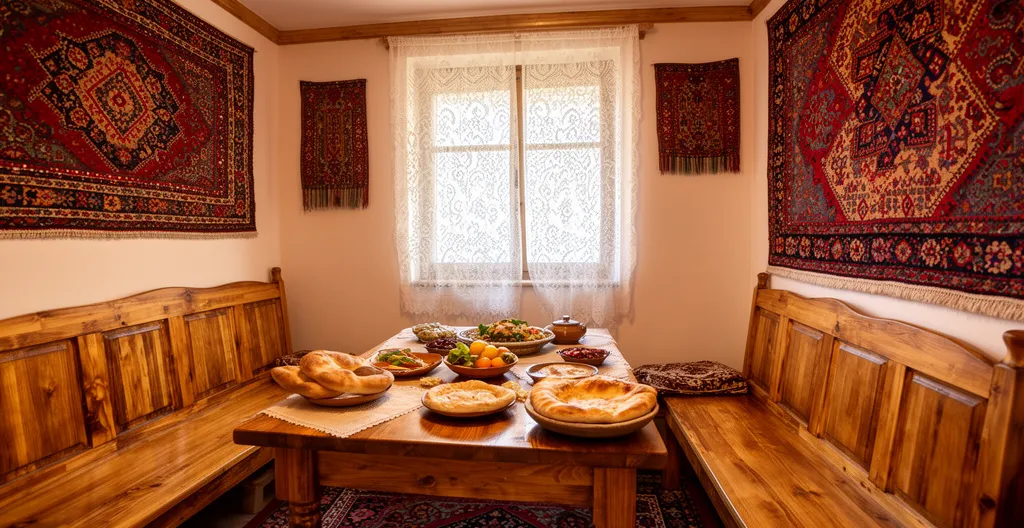 Intérieur chaleureux d'une maison d'hôtes arménienne traditionnelle avec table dressée de plats locaux