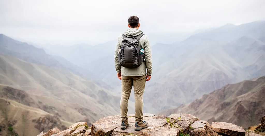 Voyageur de dos contemplant un panorama montagneux arménien depuis un point de vue rocheux